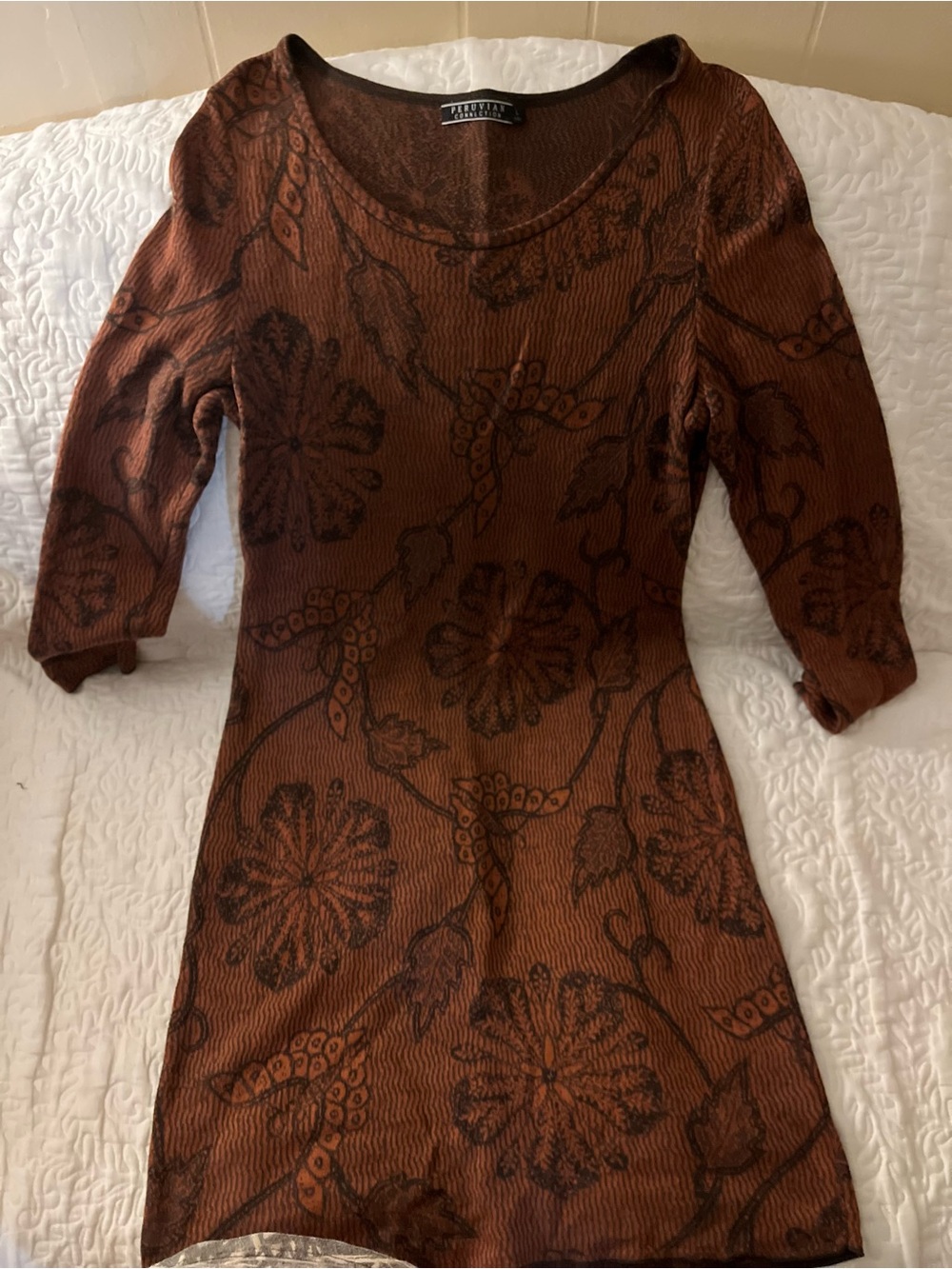 Peruvian Connection Brown Floral Long Sleeve Knit Dress